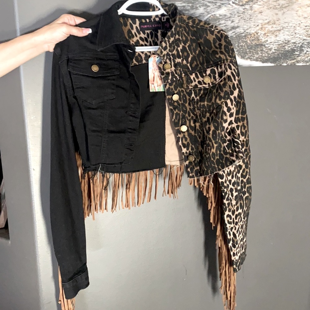Fringe cheetah split black jacket western country cowgirl style